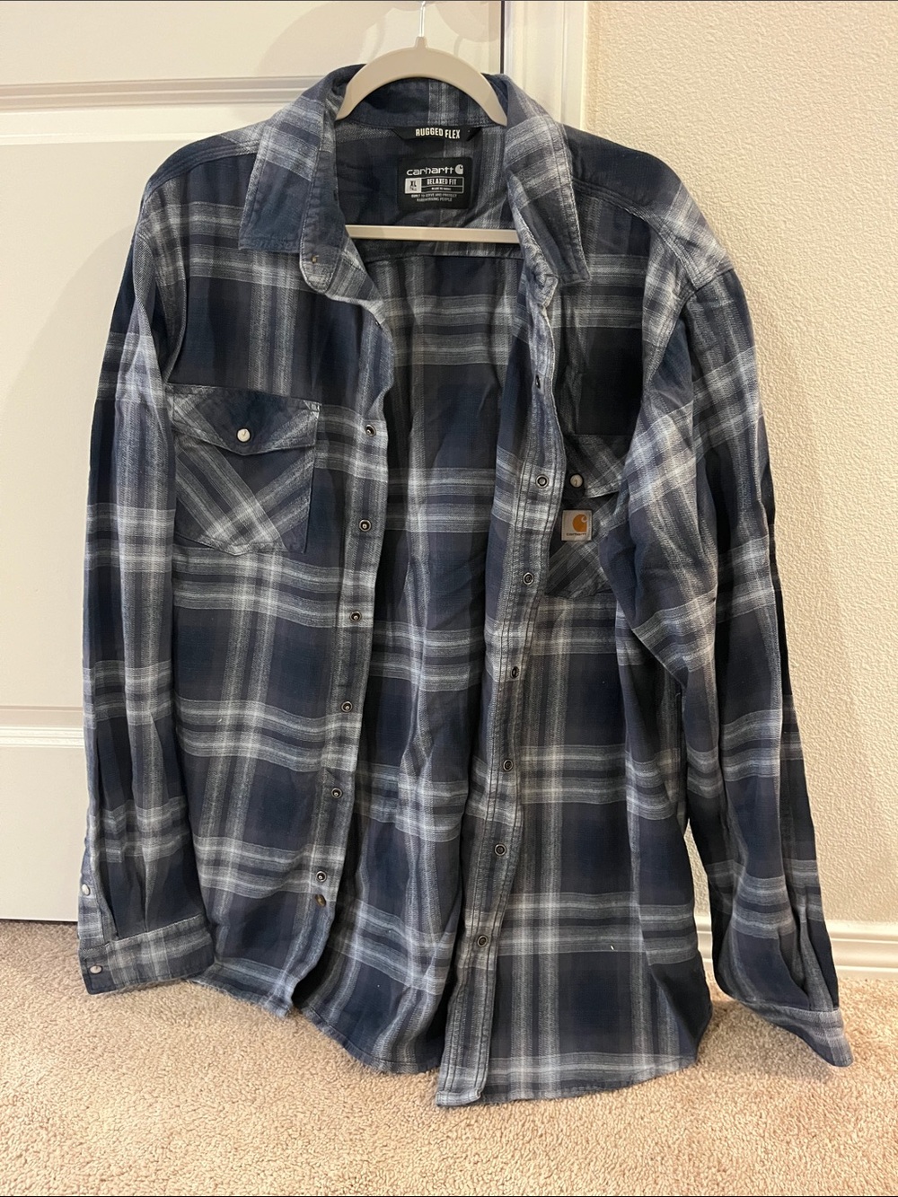 Carhartt Rugged Flex Blue & Gray Plaid Work Shirt XL Tall